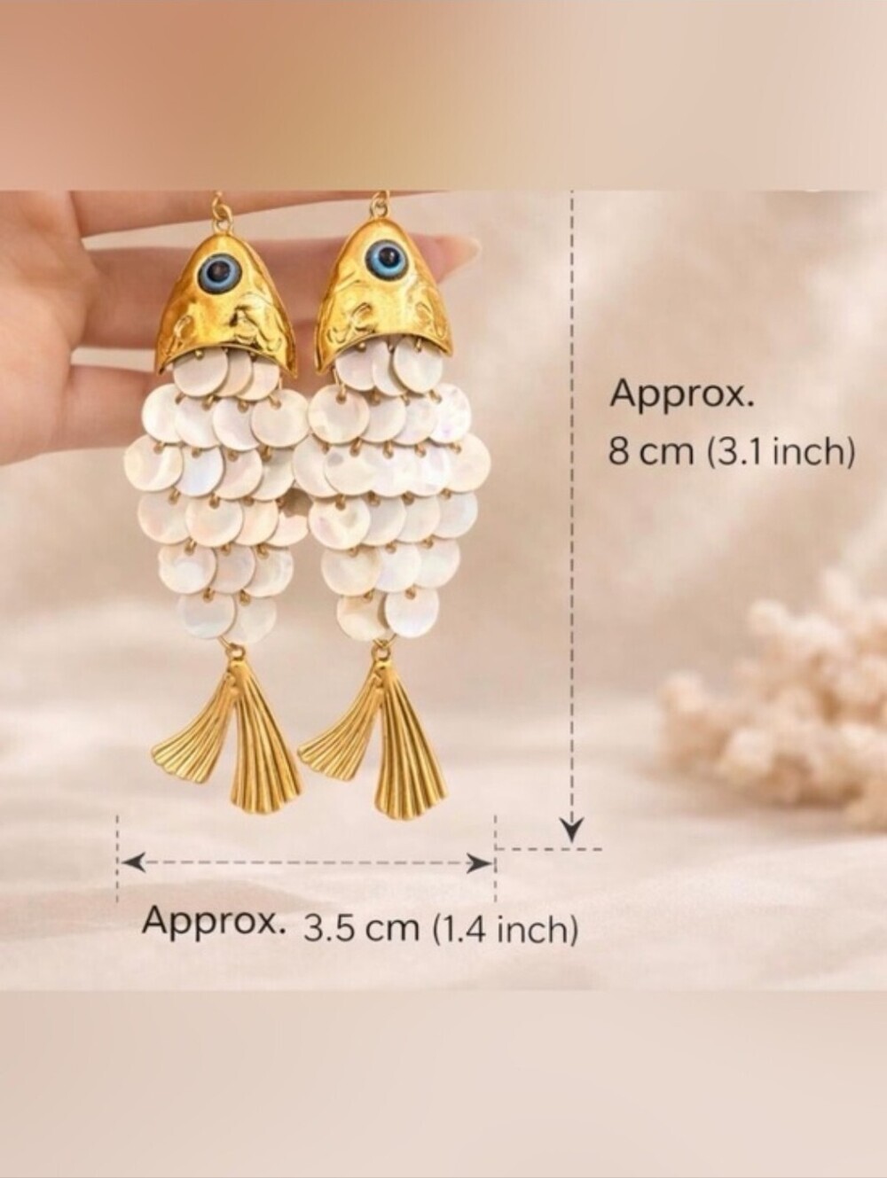 💙▪️Atterri▪️ Gold & Mother-of-Pearl Fish Drop Earrings - Picture 4 of 9
